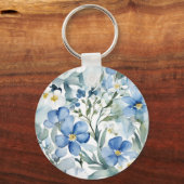 Porte-clés Fleurs Bleues Blancs Aquarelle Chic (Recto)