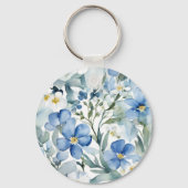 Porte-clés Fleurs Bleues Blancs Aquarelle Chic (Verso)