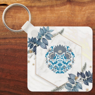 Porte-clés Fleurs bleues, cadre botanique délicat