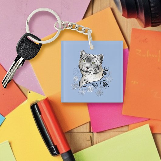 Porte-clés Fleurs bleues de Snowflakes Léopard de neige