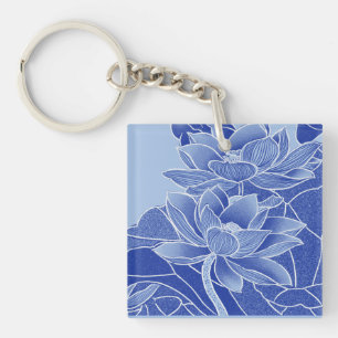 Porte-clés Fleurs Bleues Élégantes Lotus Lily Chinoiserie Chi