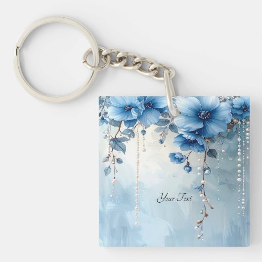 Porte-clés Fleurs Bleues et Perles (Devant)
