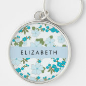 Porte-clés Fleurs Bleues, Motif De Fleurs, Votre Nom (Devant)