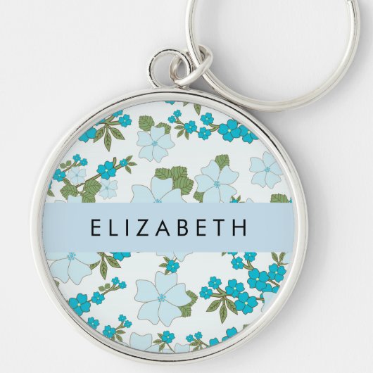 Porte-clés Fleurs Bleues, Motif De Fleurs, Votre Nom (Devant)