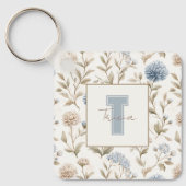 Porte-clés Fleurs Brunes Bleues Crème Monogramme Initial Nom (Recto)