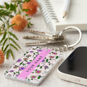 Porte-clés Fleurs Colorées, Fond Rose, Rose