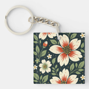 Porte-clés Fleurs crème avec centres rouges et feuilles verte
