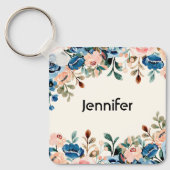 Porte-clés Fleurs d'aquarelle rose et bleu (Recto)
