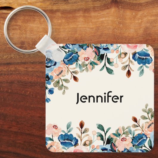 Porte-clés Fleurs d'aquarelle rose et bleu (Recto)