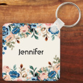 Porte-clés Fleurs d'aquarelle rose et bleu (Verso)