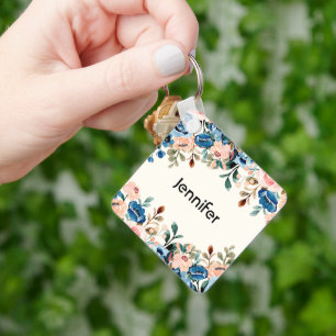 Porte-clés Fleurs d'aquarelle rose et bleu