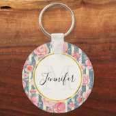 Porte-clés Fleurs d'aquarelle rose sur bandes Monogramme (Recto)