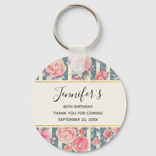 Porte-clés Fleurs d'aquarelle rose sur rayures Anniversaire (Recto)