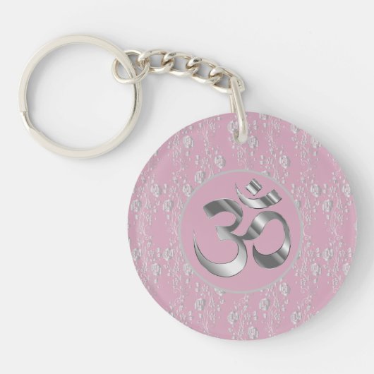 Porte-clés Fleurs d'argent sur le symbole OM rose (Devant)