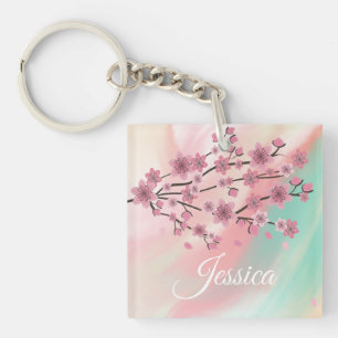 Porte-clés Fleurs de cerisier botaniques tombant ombré art