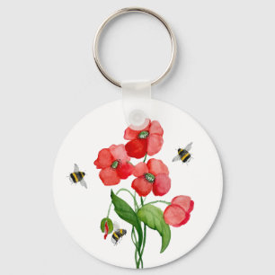 Porte-clés Fleurs de coquelicot écarlate d'aquarelle et bourd