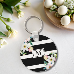 Porte-clés Fleurs de fille Monogramme noir blanc rayé