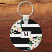 Porte-clés Fleurs de fille Monogramme noir blanc rayé (Recto)