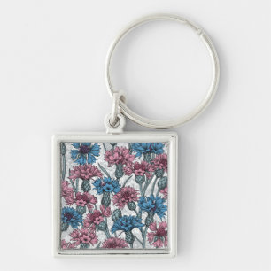 Porte-clés Fleurs de maïs roses et bleues, fleurs sauvages su