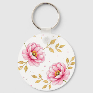 Porte-clés Fleurs de pivoine roses motif feuilles dorées