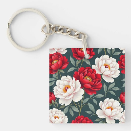 Porte-clés Fleurs de pivoine rouges et blanches (Devant)
