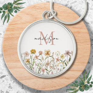 Porte-clés Fleurs de prairie sauvage aquarelle monogrammée