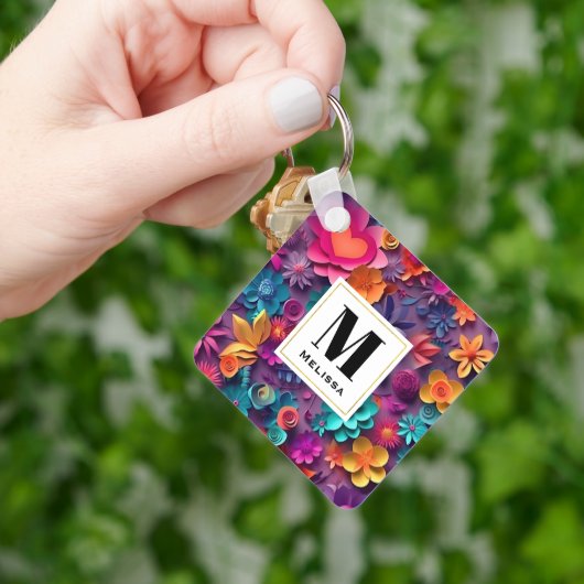 Porte-clés Fleurs de printemps colorées Monogramme Motif (main)
