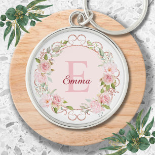 Porte-clés Fleurs de rose rose poudré en aquarelle à monogram