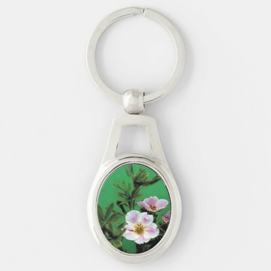 Porte-clés fleurs de rose sauvage en vert. (Devant)