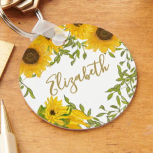 Porte-clés Fleurs de soleil jaunes Nom personnalisé Floral