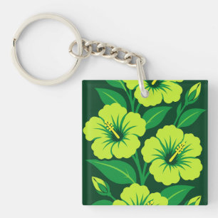 Porte-clés Fleurs d'Hibiscus Vert Citron avec des Feuilles Ve