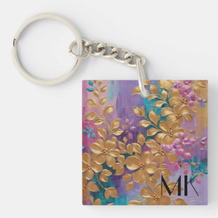 Porte-clés Fleurs D'Or Peintes Sur Lilac Rose Turquoise