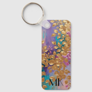 Porte-clés Fleurs D'Or Peintes Sur Lilac Rose Turquoise