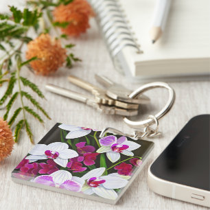 Porte-clés Fleurs d'orchidées blanches et roses