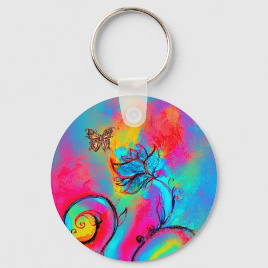 Porte-clés FLEURS ET BUTTERFLIS BLANCS bleu rose (Recto)