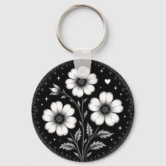 Porte-clés Fleurs gothiques noir et blanc (Recto)