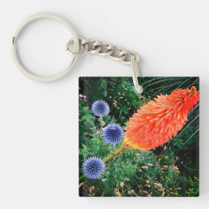 Porte-clés Fleurs grises et oranges