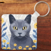 Porte-clés Fleurs Jaunes Chat Bleu Russe (Verso)