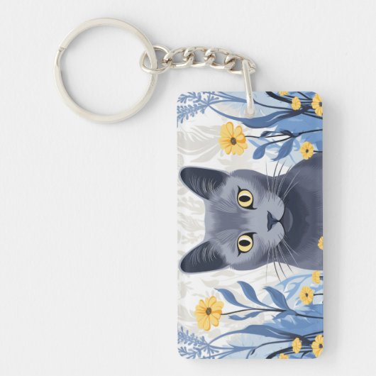 Porte-clés Fleurs Jaunes Chat Bleu Russe (Devant)