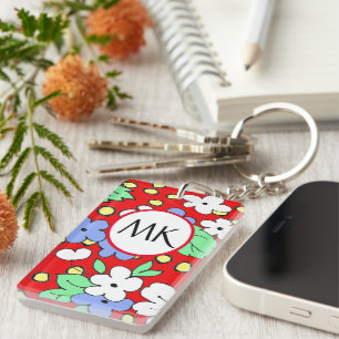 Porte-clés Fleurs monogrammes rouges et blanches personnalisé