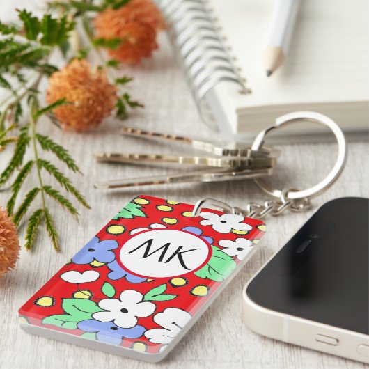 Porte-clés Fleurs monogrammes rouges et blanches personnalisé (Devant droit)