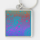 Porte-clés Fleurs orange violet et fond bleu (Devant)