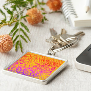 Porte-clés Fleurs orange violet et fond jaune K