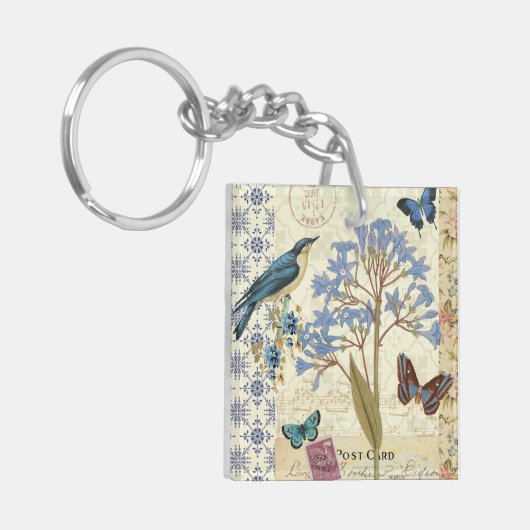 Porte-clés Fleurs, papillons, et collage d'oiseau (Devant gauche)