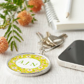 Porte-clés Fleurs rétro mod jaunes et blanches avec monogramm (Côté)