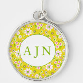 Porte-clés Fleurs rétro mod jaunes et blanches avec monogramm (Devant)
