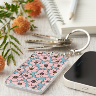 Porte-clés Fleurs rose Boho sur fond bleu