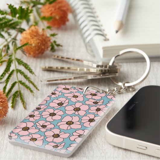 Porte-clés Fleurs rose Boho sur fond bleu (Devant droit)