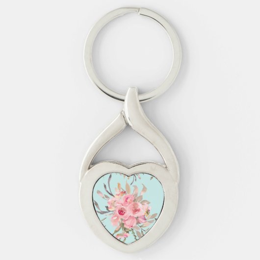 Porte-clés Fleurs rose pâle sur bleu clair (Devant)