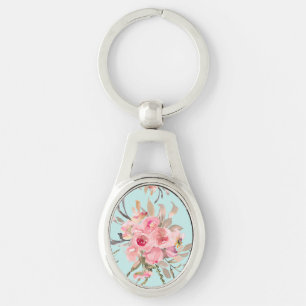 Porte-clés Fleurs rose pâle sur bleu clair
